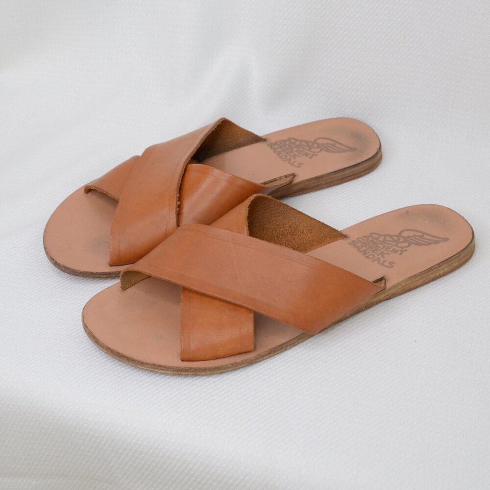 Ancient Greek Sandals Thais Tan Leather Slides Sz 8